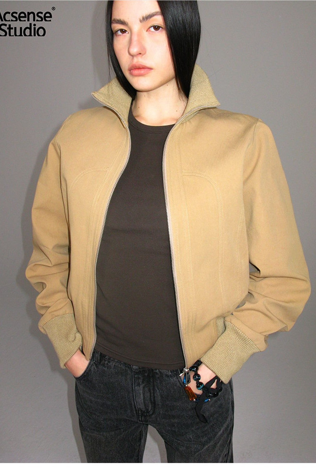 ACSENSE STUDIO Curved Panel Cotton Jacket in Khaki - On Model