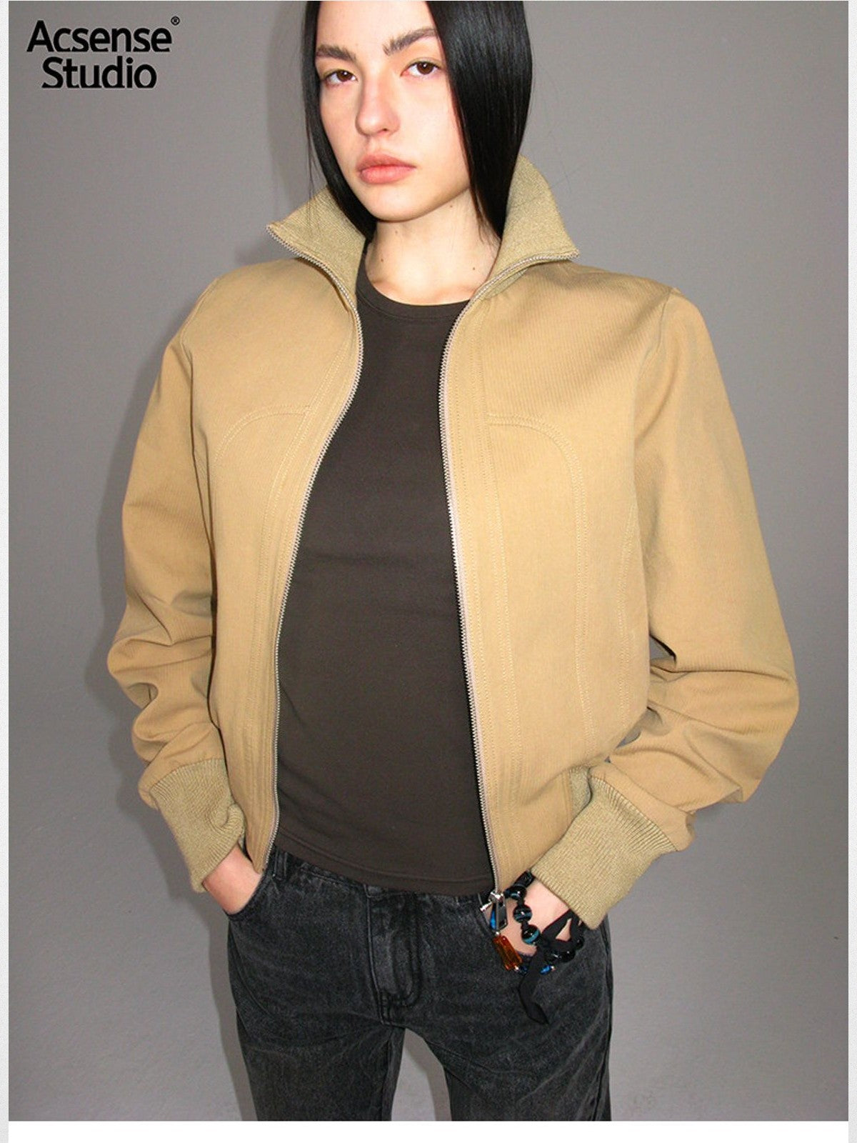 ACSENSE STUDIO Curved Panel Cotton Jacket in Khaki - On Model