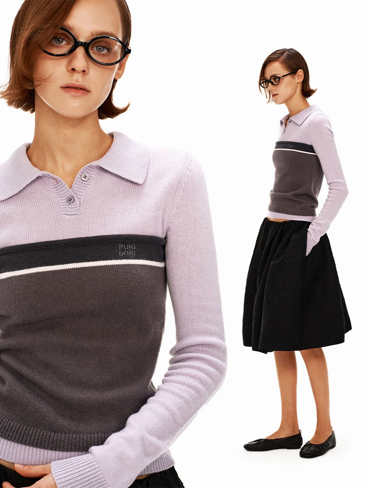 PUKI Colorblock Wool Blend Polo Sweater in Lavender - On Model