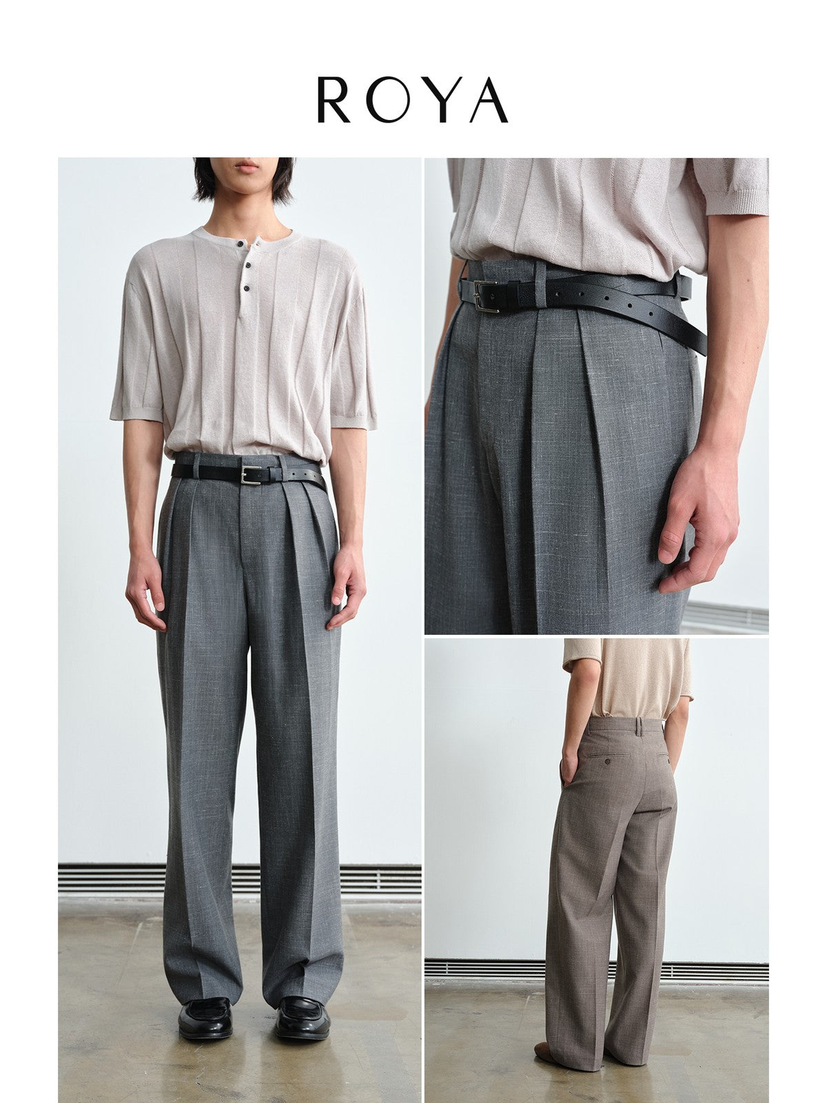 ROYA Double Pleated Wool Linen Trousers in Charcoal - On Model