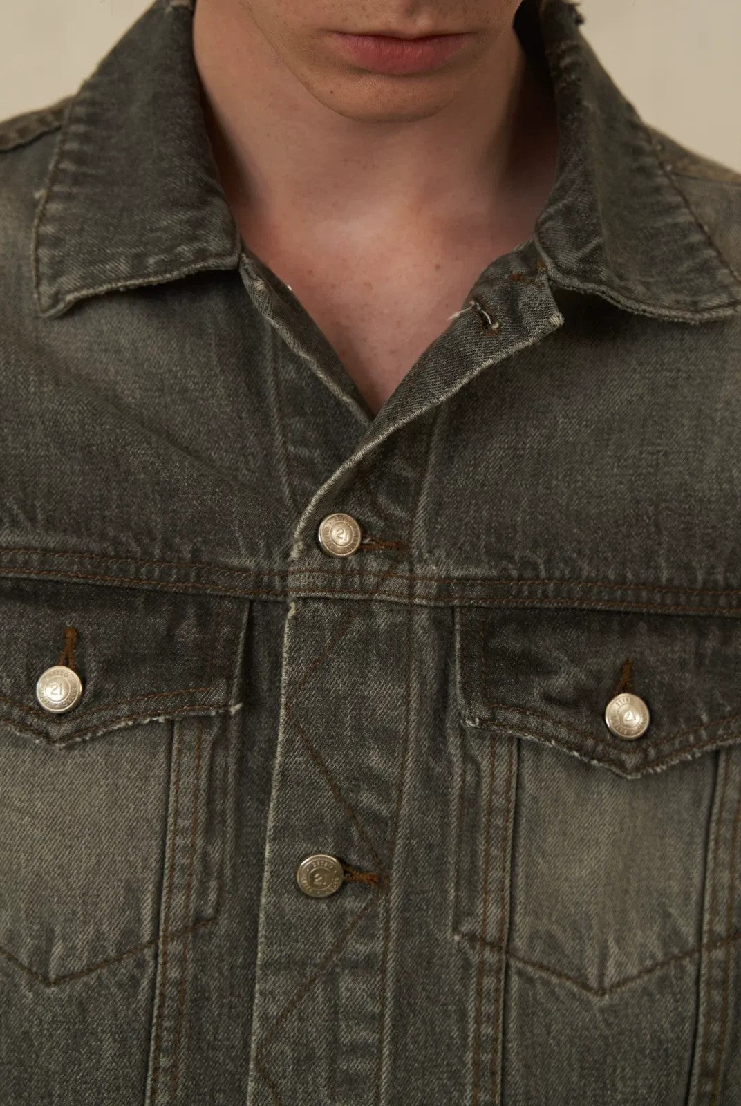 Retro 21 Distressed Gray Denim Jacket with Shoulder Pads in Gray - On Model