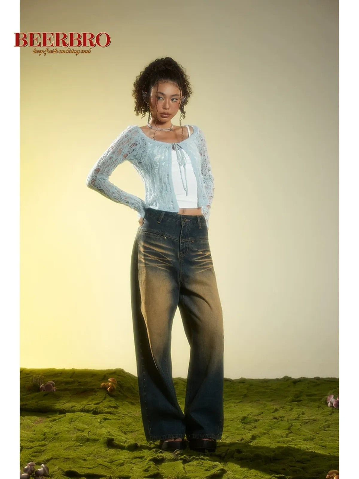 BeerBro Tie Front Distressed Knit Cardigan in Sky Blue - On Model