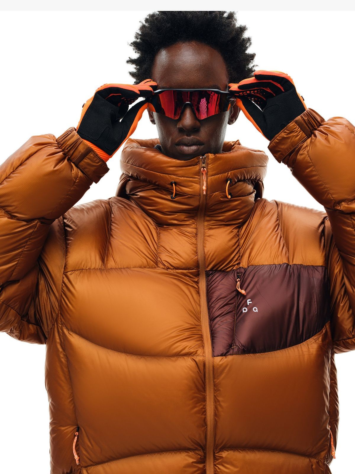 FPA 800FP Contrast Pocket Hooded Puffer in Brown - On Male Model