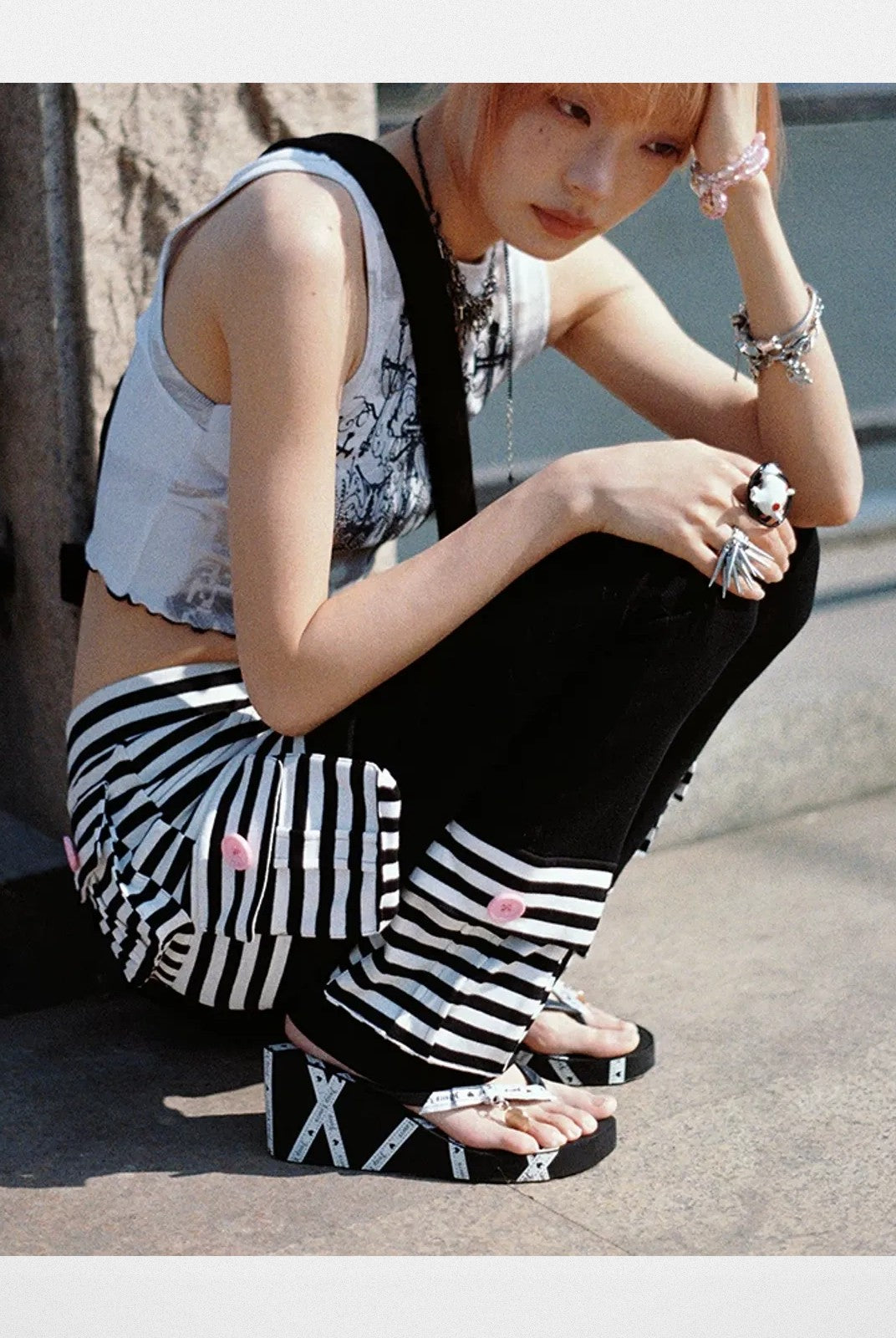 CFIERCE Striped Skirted Flare Trousers in Black - On Model