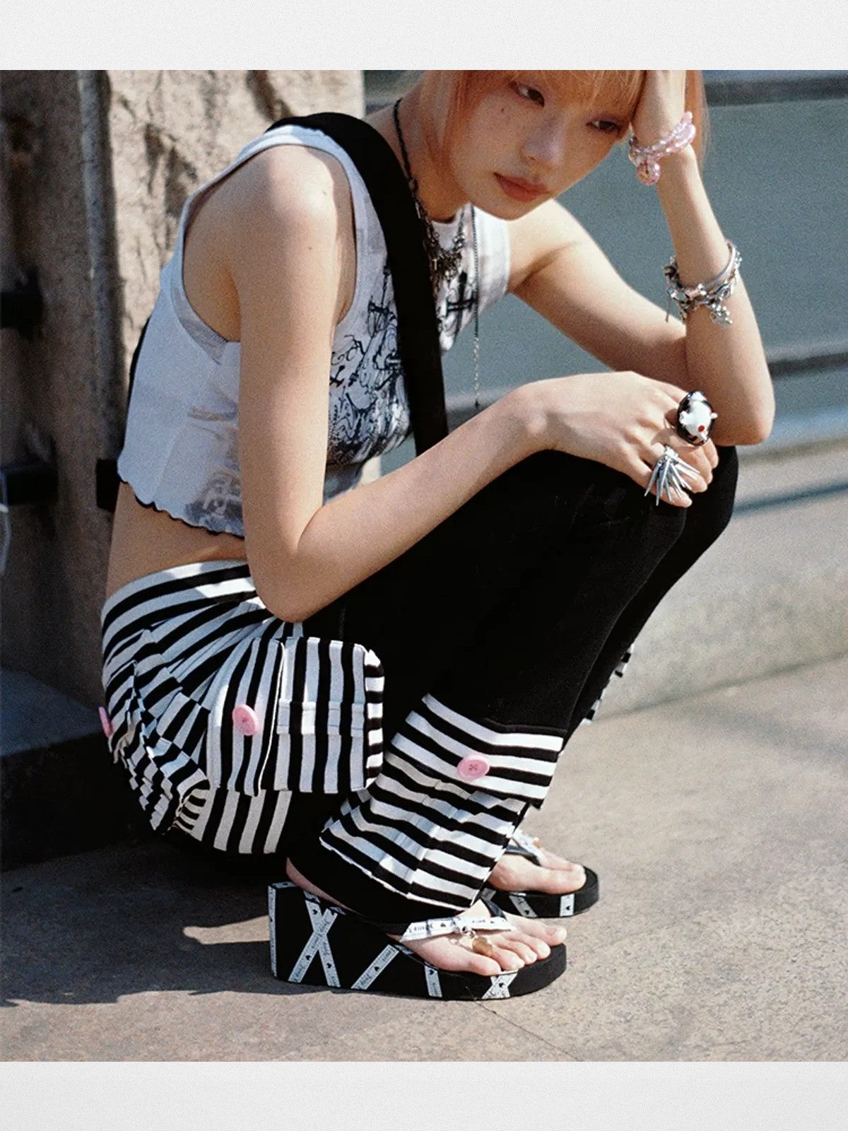 CFIERCE Striped Skirted Flare Trousers in Black - On Model