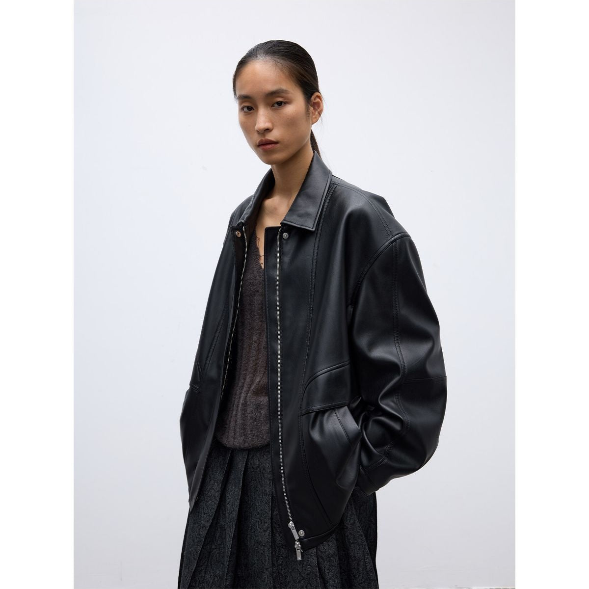 RandomPiece Oversized Matte Faux Leather Jacket in Black - On Model
