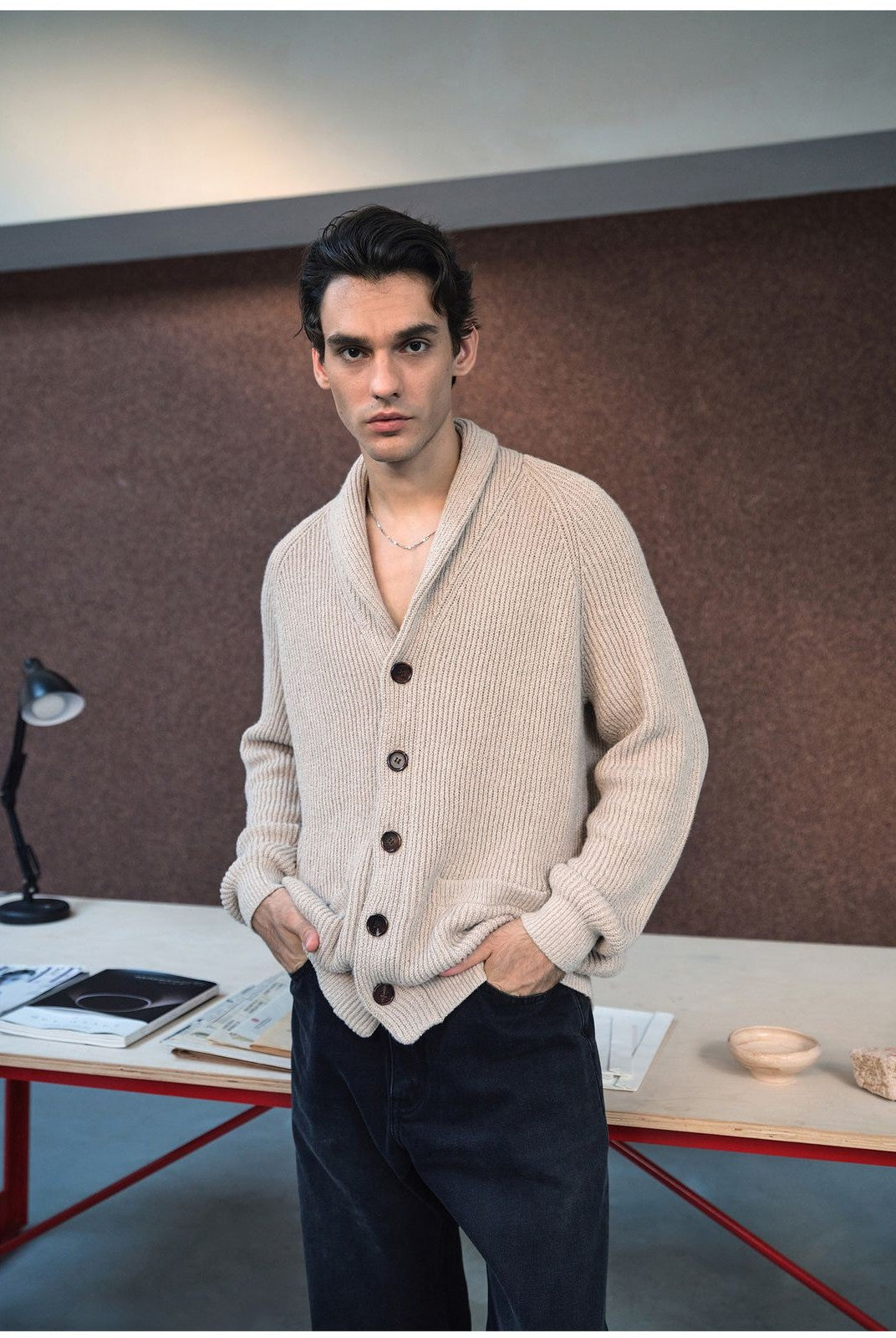 Roolrren Homme Shawl Collar Cotton Blend Cardigan in Beige - On Model