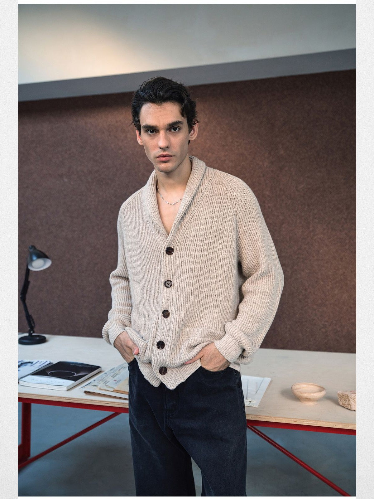 Roolrren Homme Shawl Collar Cotton Blend Cardigan in Beige - On Model