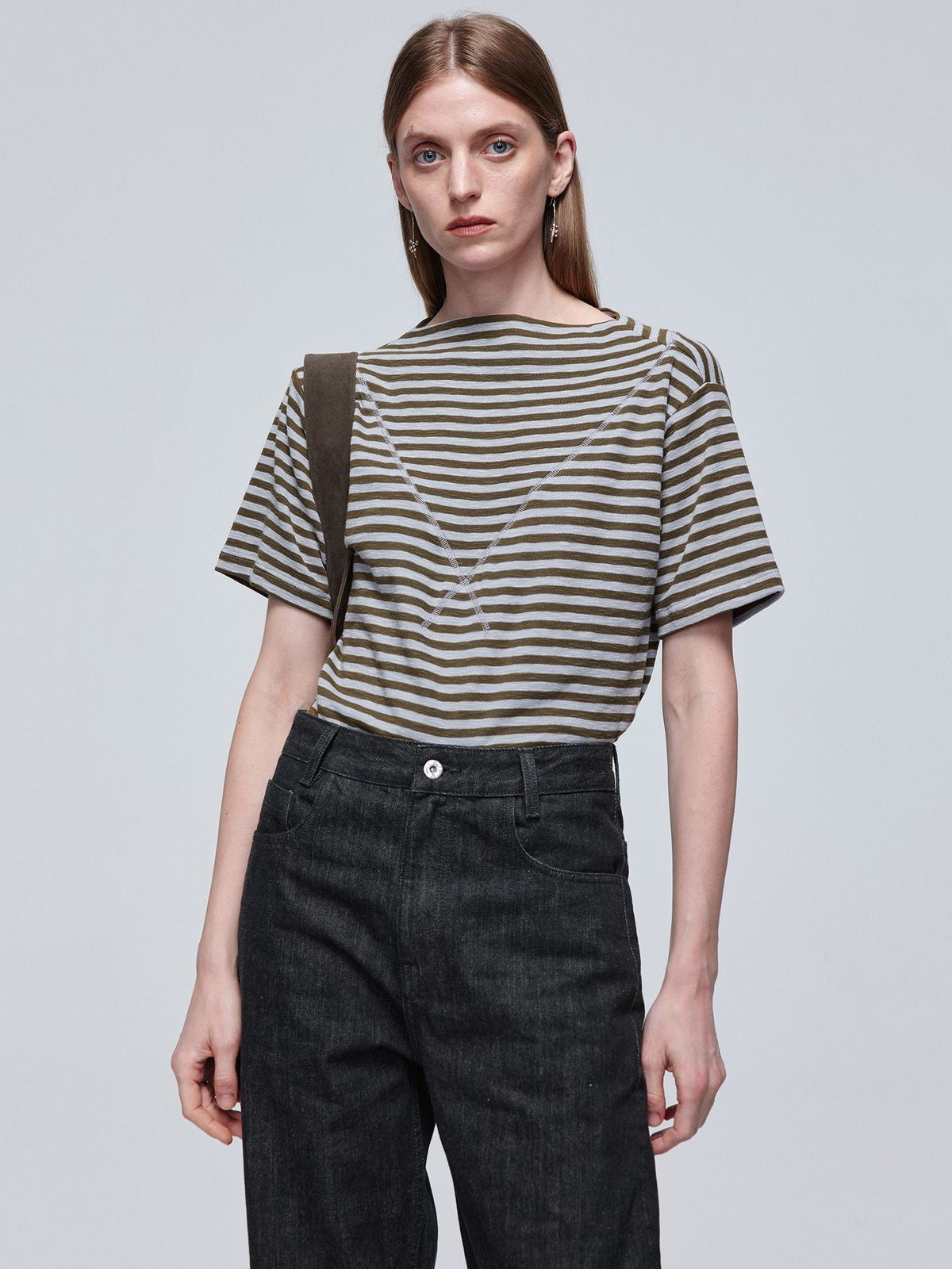 Simple Project Textured Striped Cotton T Shirt in Olive - On Female Model