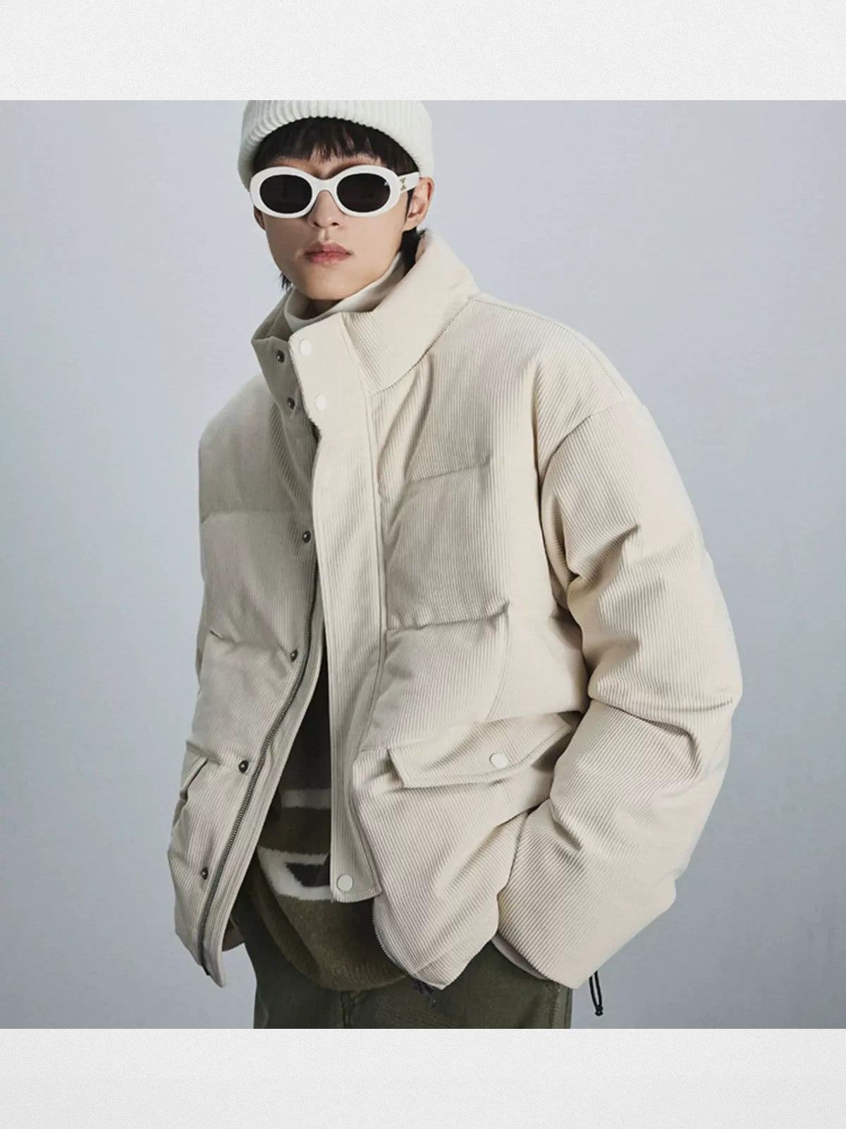 NANS Corduroy Down Puffer Jacket in White - On Model