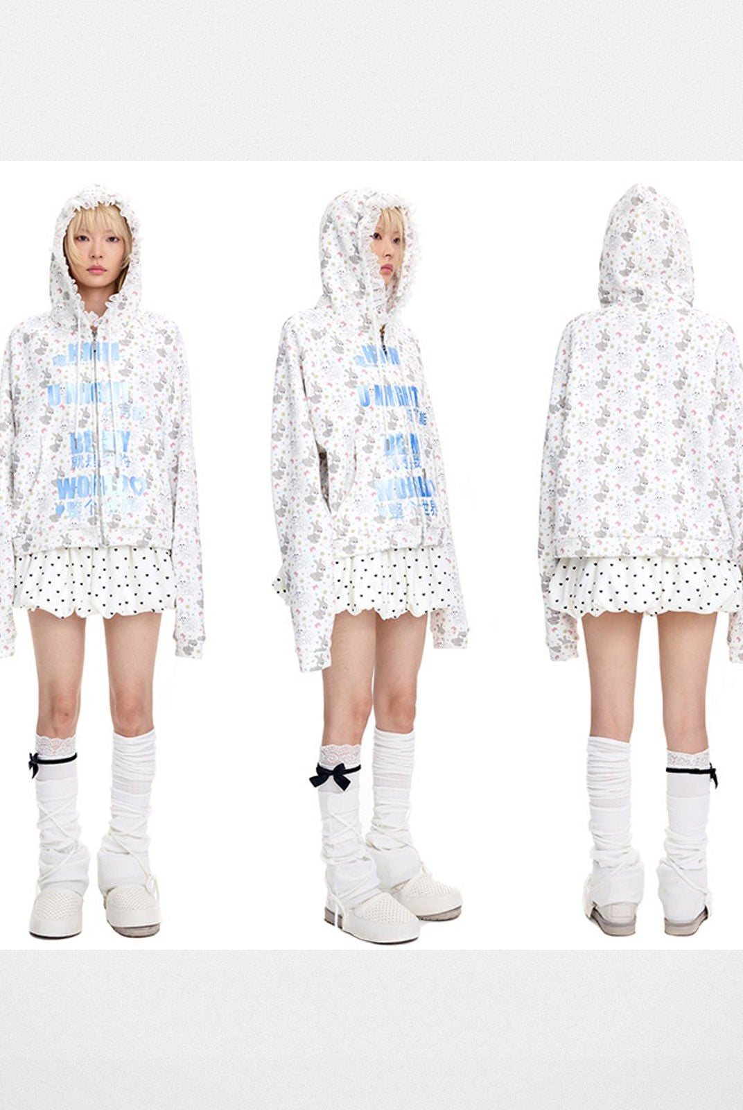 CFIERCE Cat Rabbit Print Lace Trim Hoodie in White - On Female Model