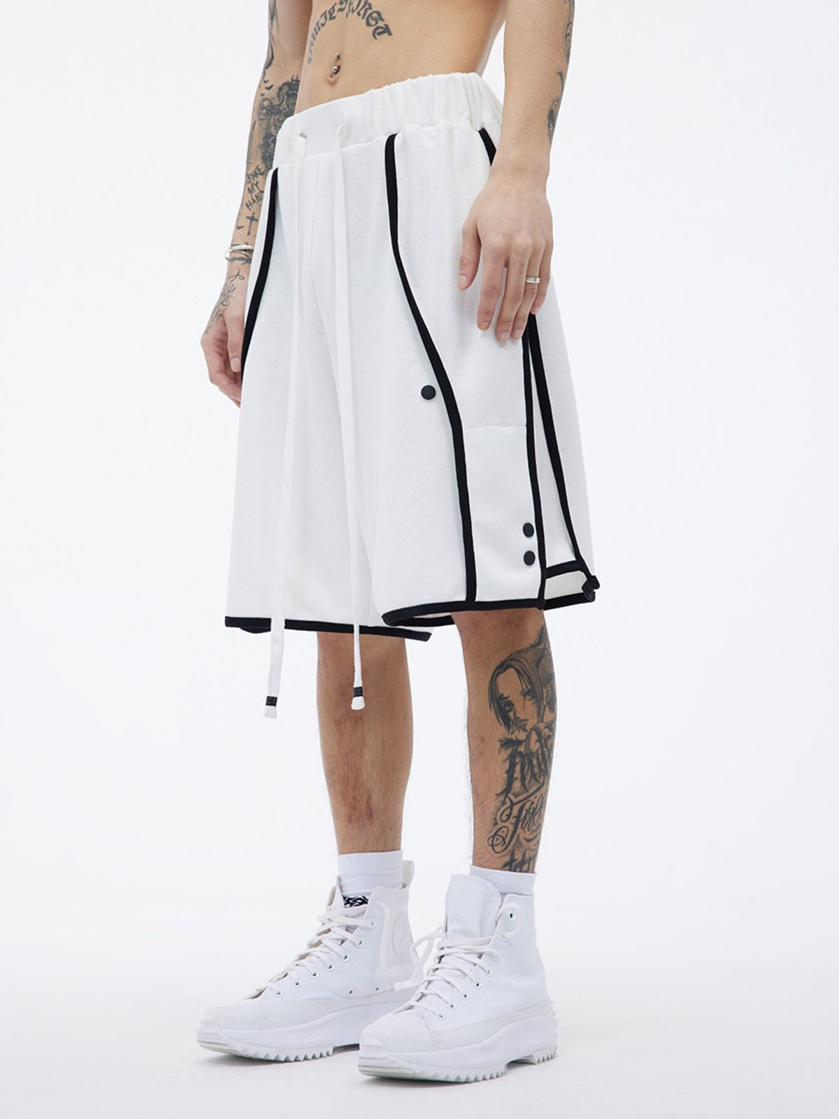 LOSTCTRL Contrast Piping Basketball Shorts in White - On Model