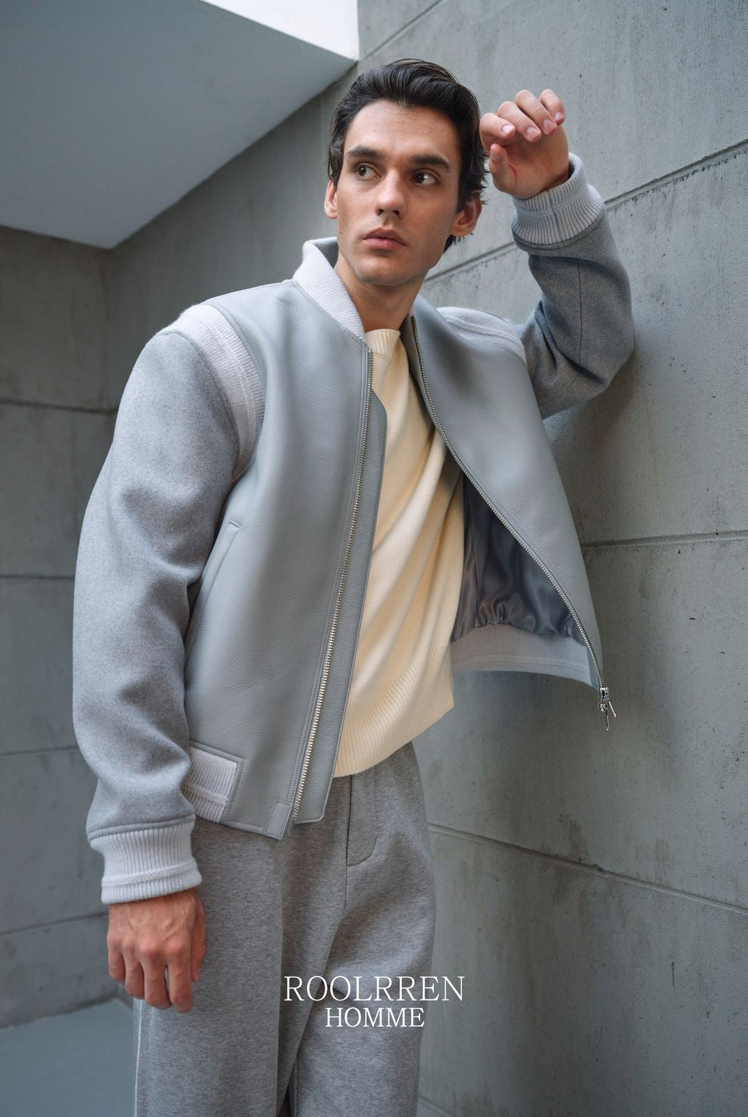 Roolrren homme Cowhide Lambswool Varsity Jacket in Gray - On Model