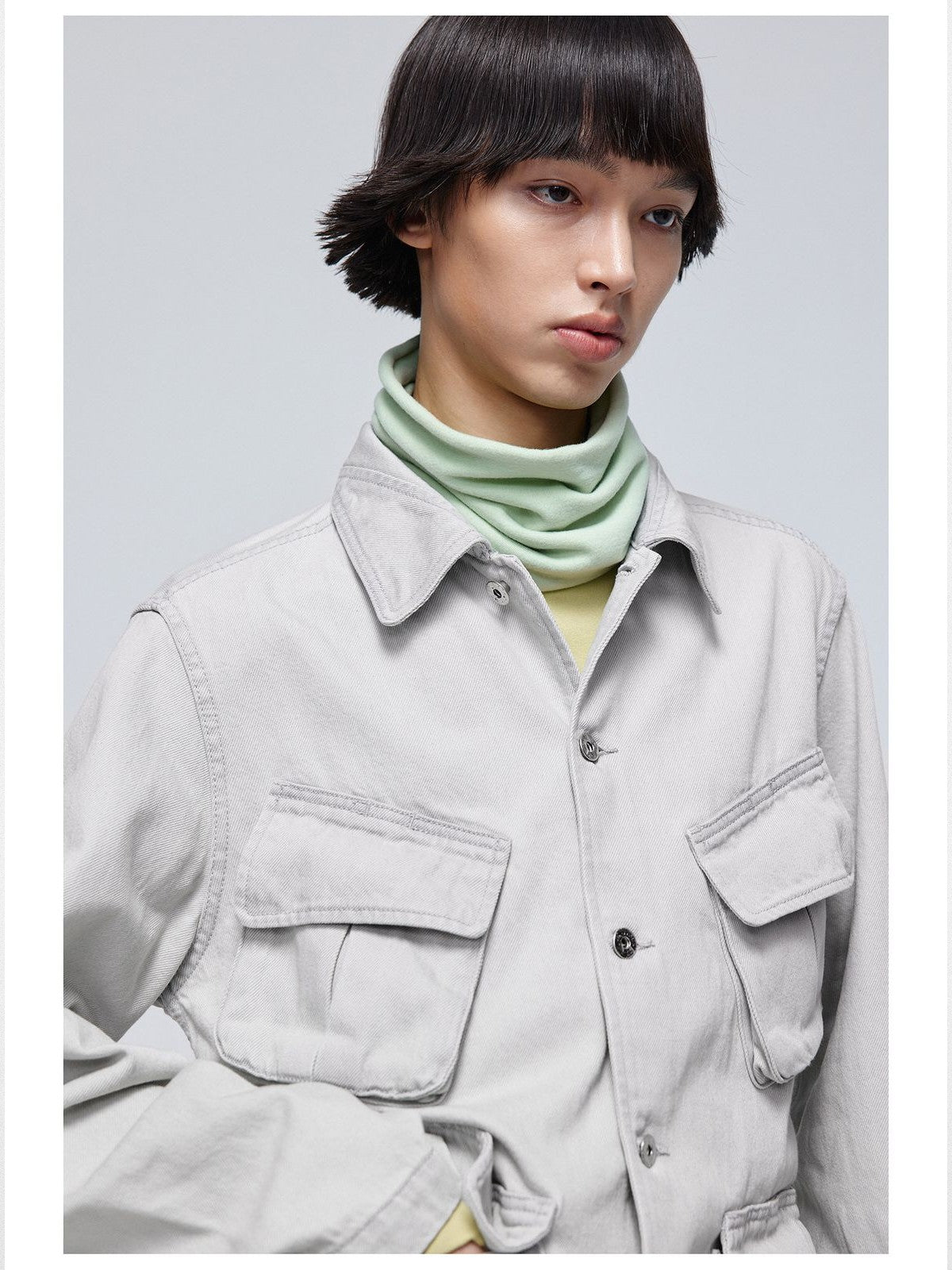 Simple Project Washed Four Pocket Denim Jacket in White - On Male Model