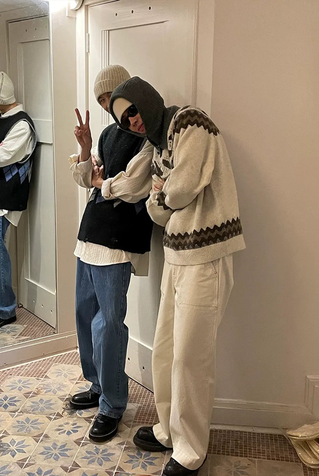 NeverSeez Fair Isle Jacquard Sweater in White - On Model