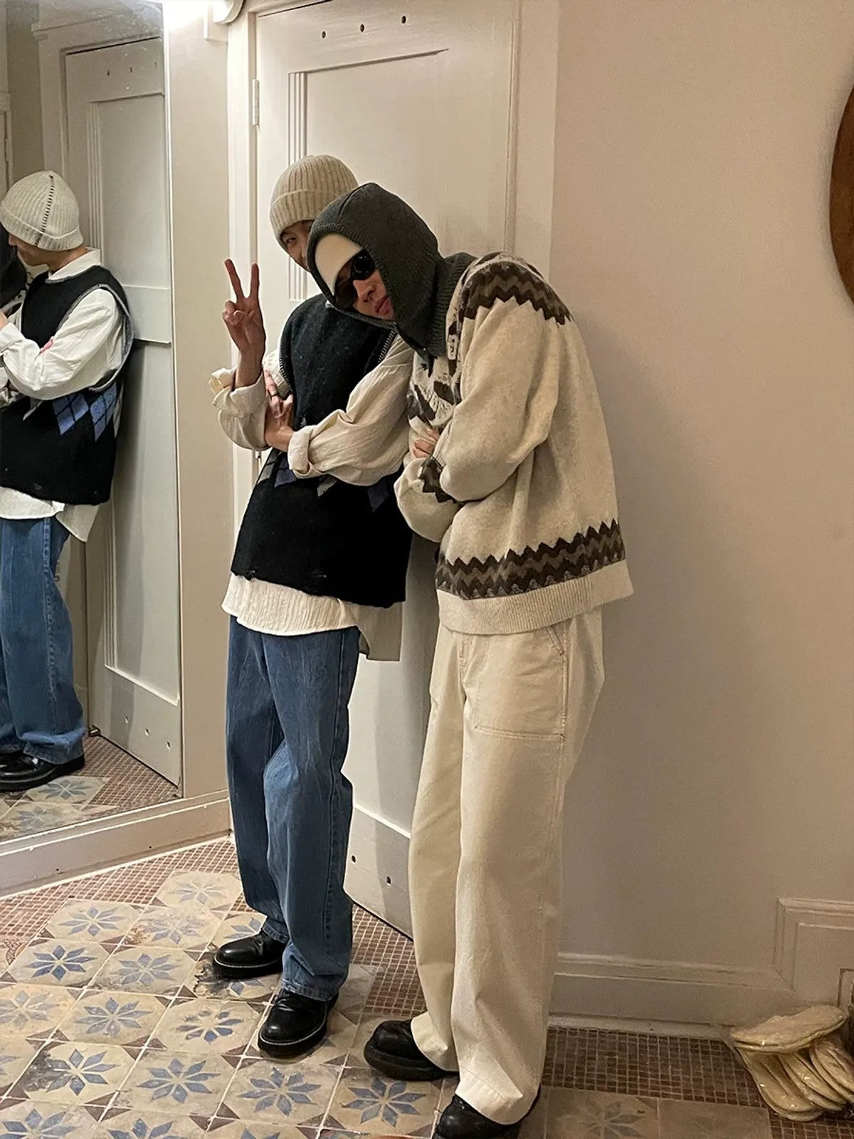 NeverSeez Fair Isle Jacquard Sweater in White - On Model