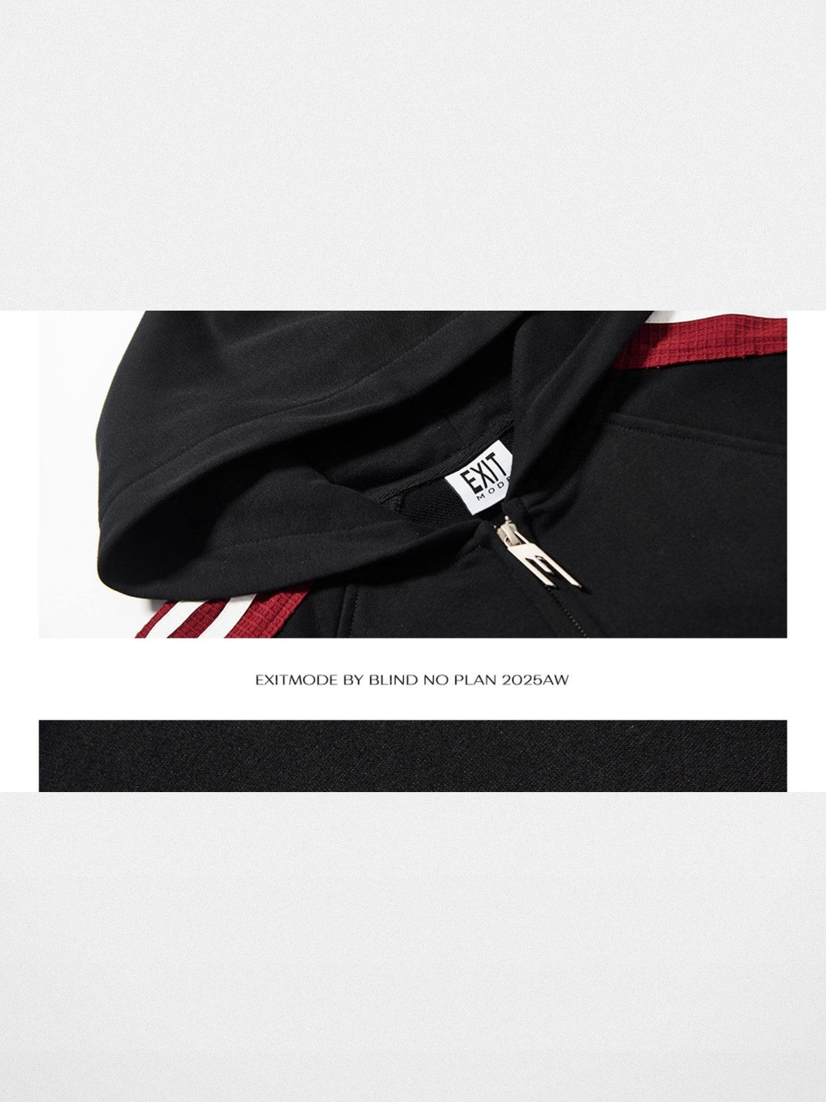 BLINDNOPLAN Raw Edge Contrast Tape Zip Hoodie in Black - Detail