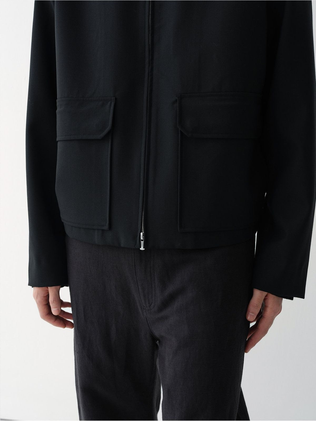 ROYA Merino Wool Zip Up Boxy Jacket in Black - On Model