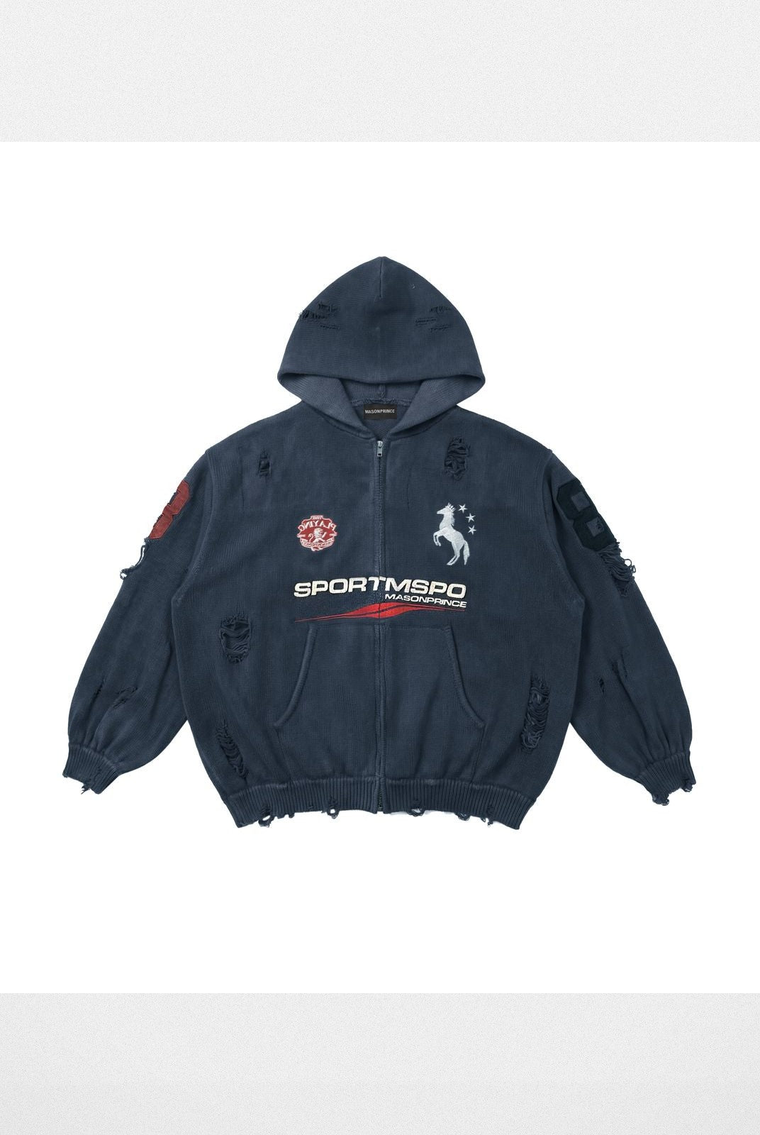 MasonPrince Distressed Horse Graphic Zip Hoodie in Navy Blue
