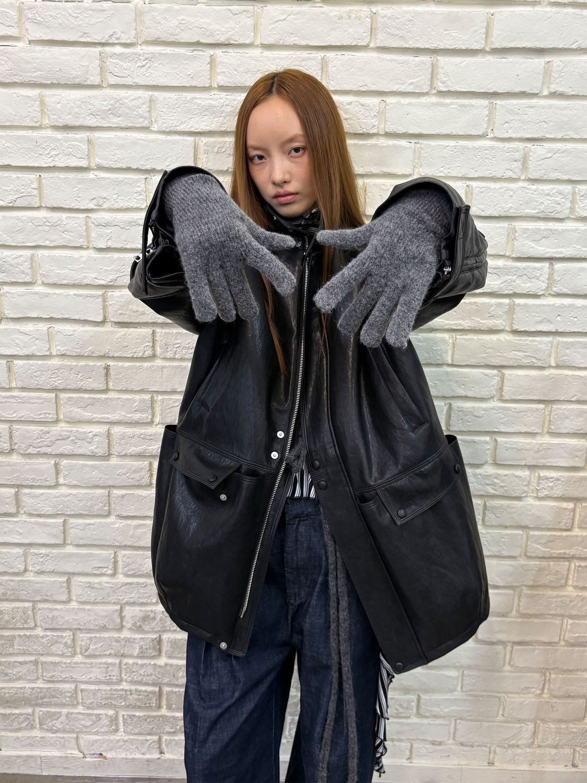 NeverSeez Mid Length Faux Leather Coat in Black - On Model