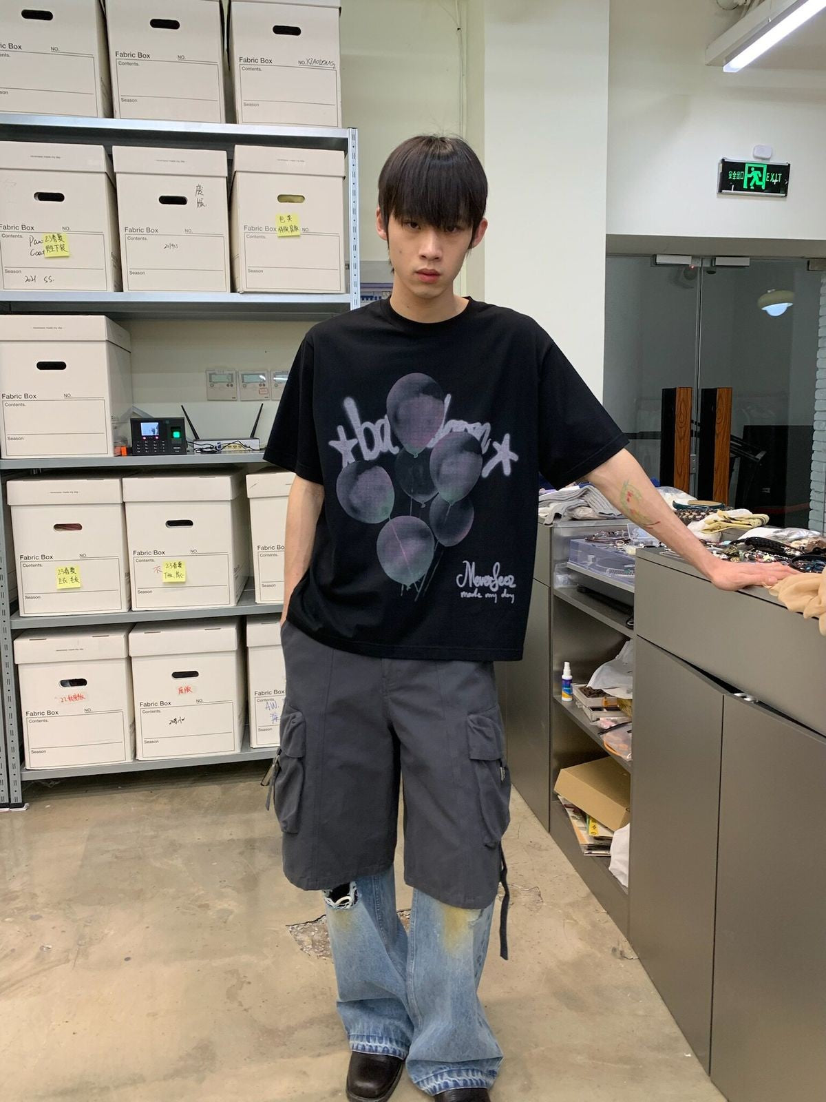 NeverSeez Retro Balloon Print Cotton T Shirt in Black - On Male Model