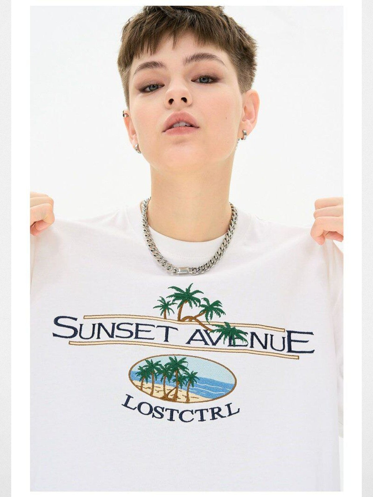 LOSTCTRL Palm Tree Embroidered Cotton Tee in White - On Model