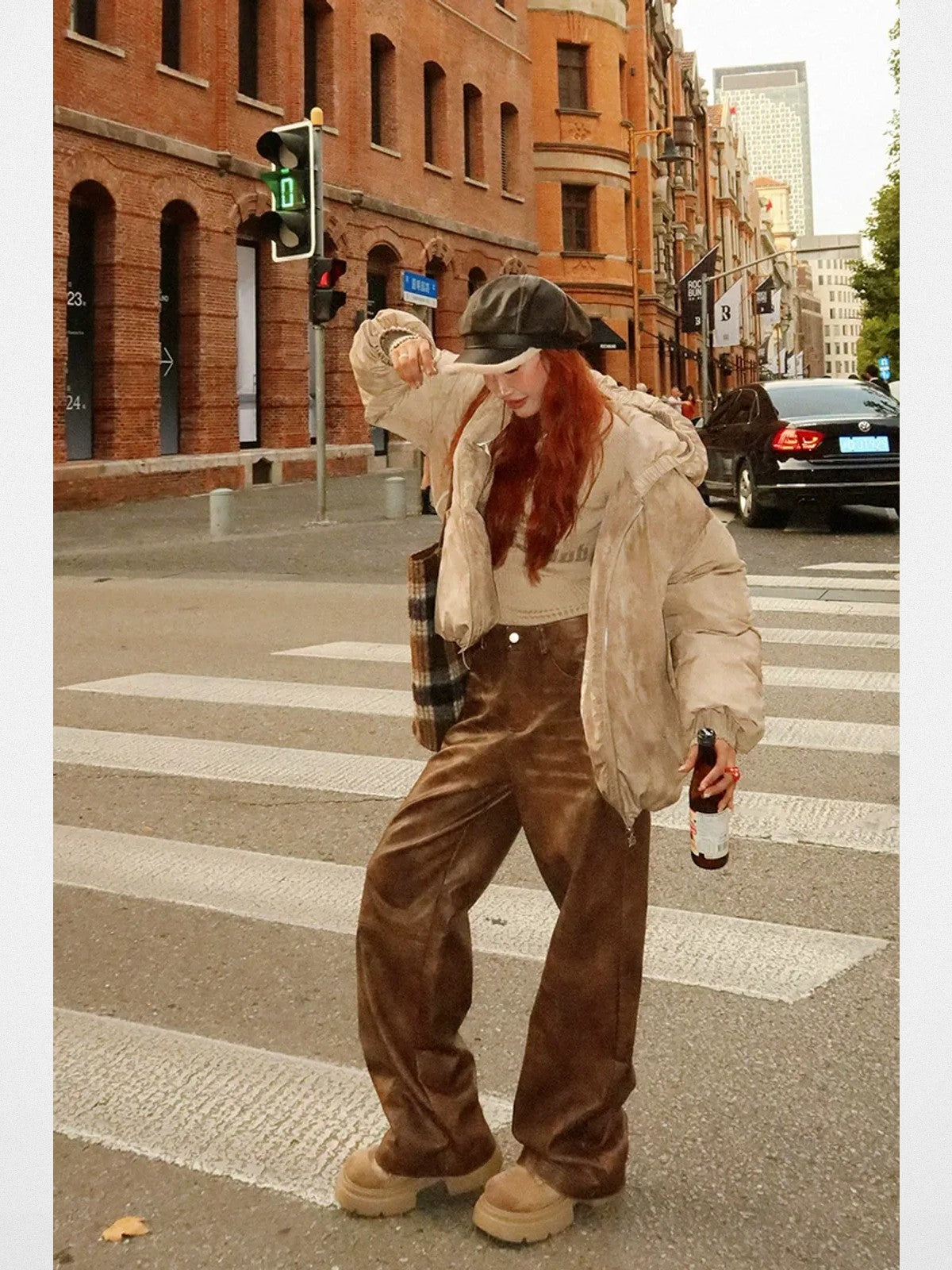 BeerBro Washed Cotton Ruched Puffer in Beige - Lifestyle