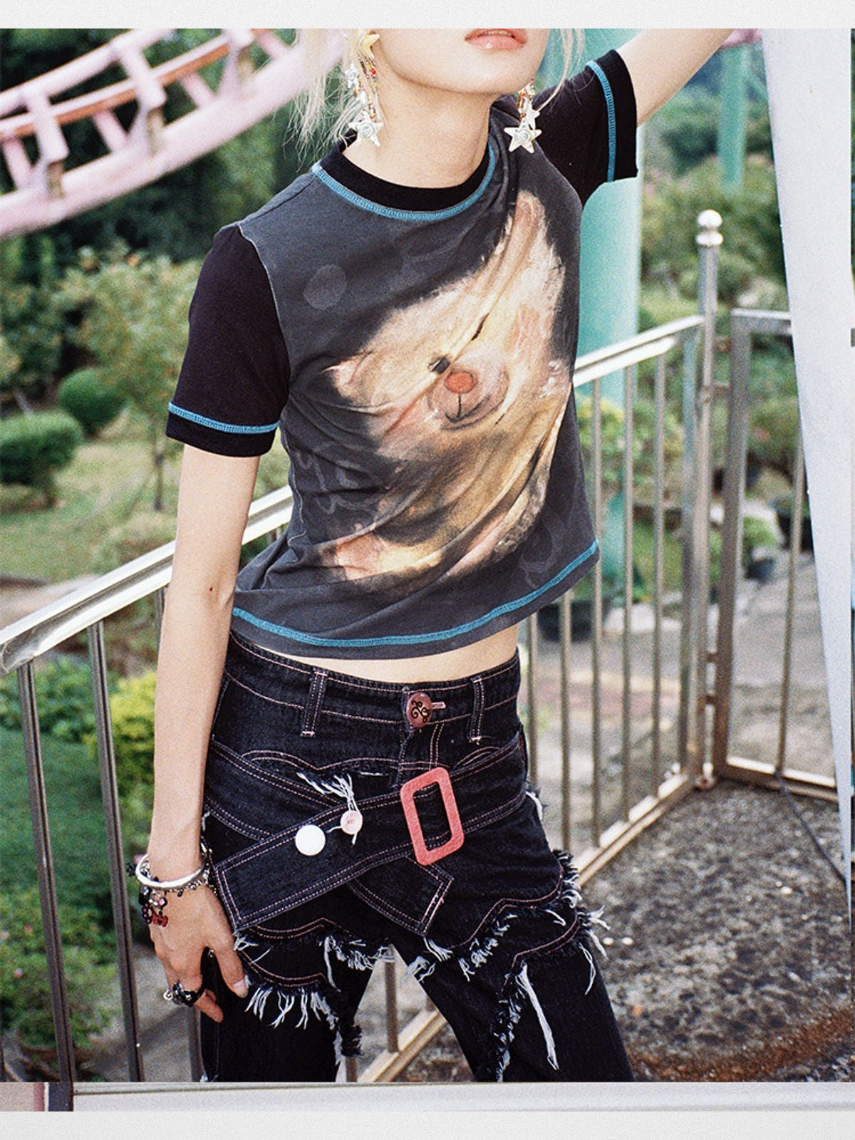 CFIERCE Little Bear Print Contrast Stitch Tee in Black - On Model