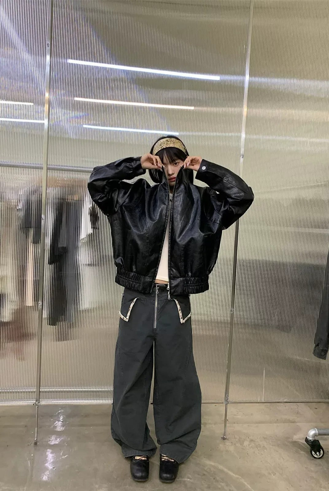 NeverSeez Stand Collar Faux Leather Jacket in Black - On Model