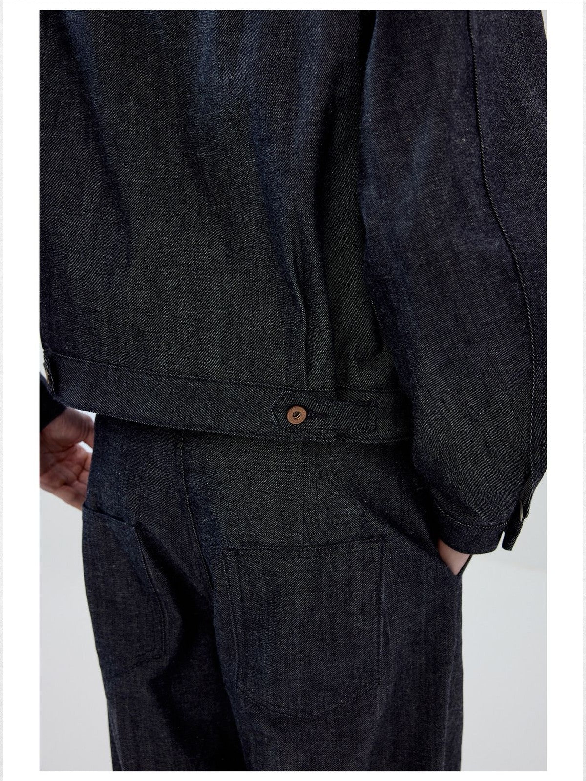 Simple Project Ramie Blend Selvedge Denim Jacket in Blue - On Model