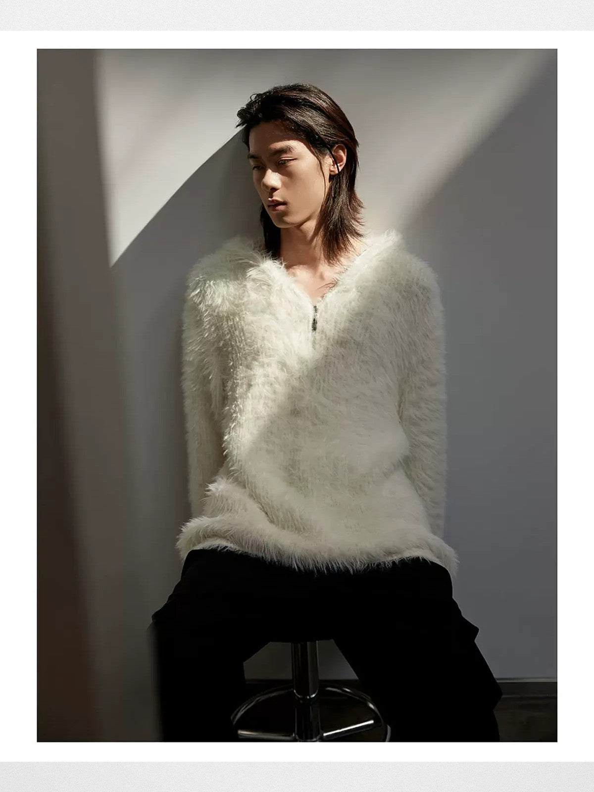 Y OFFICIAL Faux Mink Half Zip Hoodie in White - On Male Model