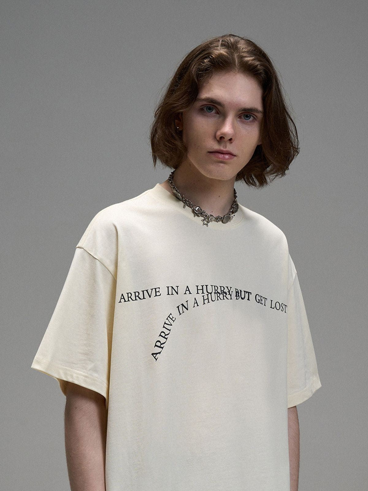 LOSTCTRL Withered Letters Heavyweight T Shirt in Cream - On Model