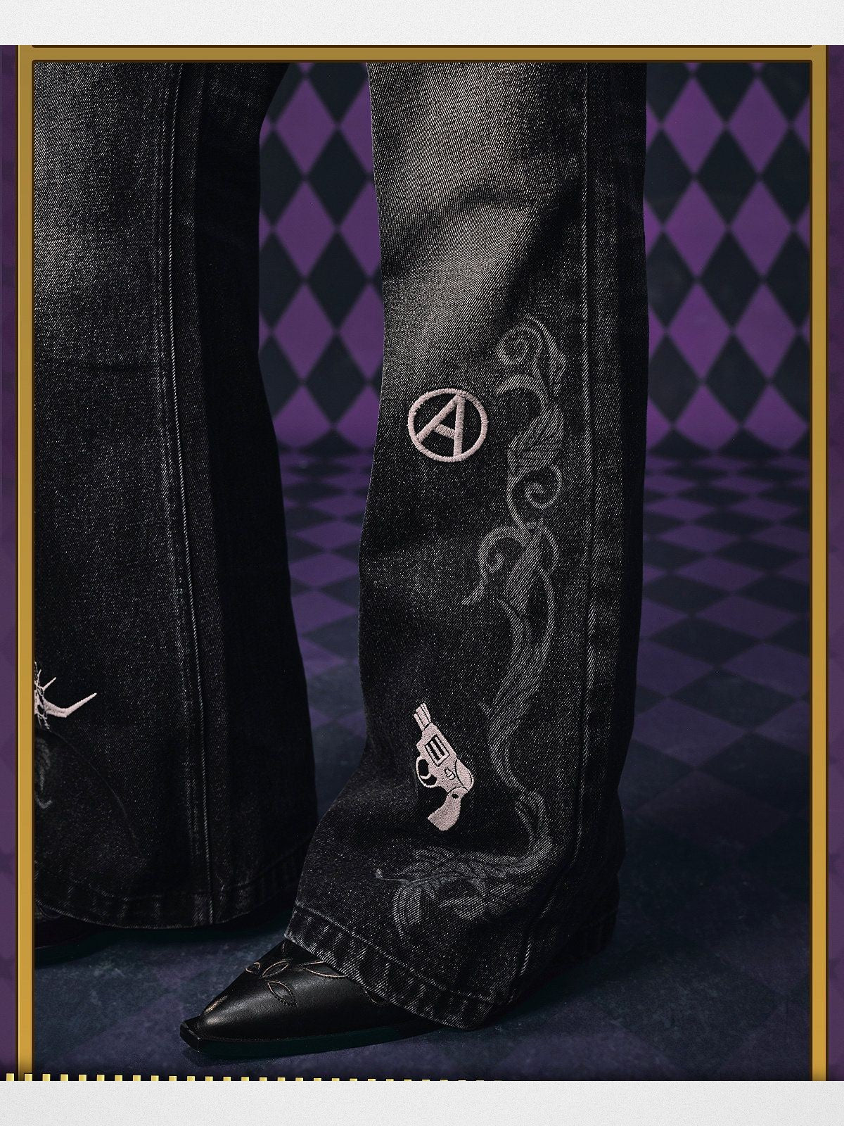 MEDM JoJo s Bizarre Adventure Embroidered Jeans in Black - On Model