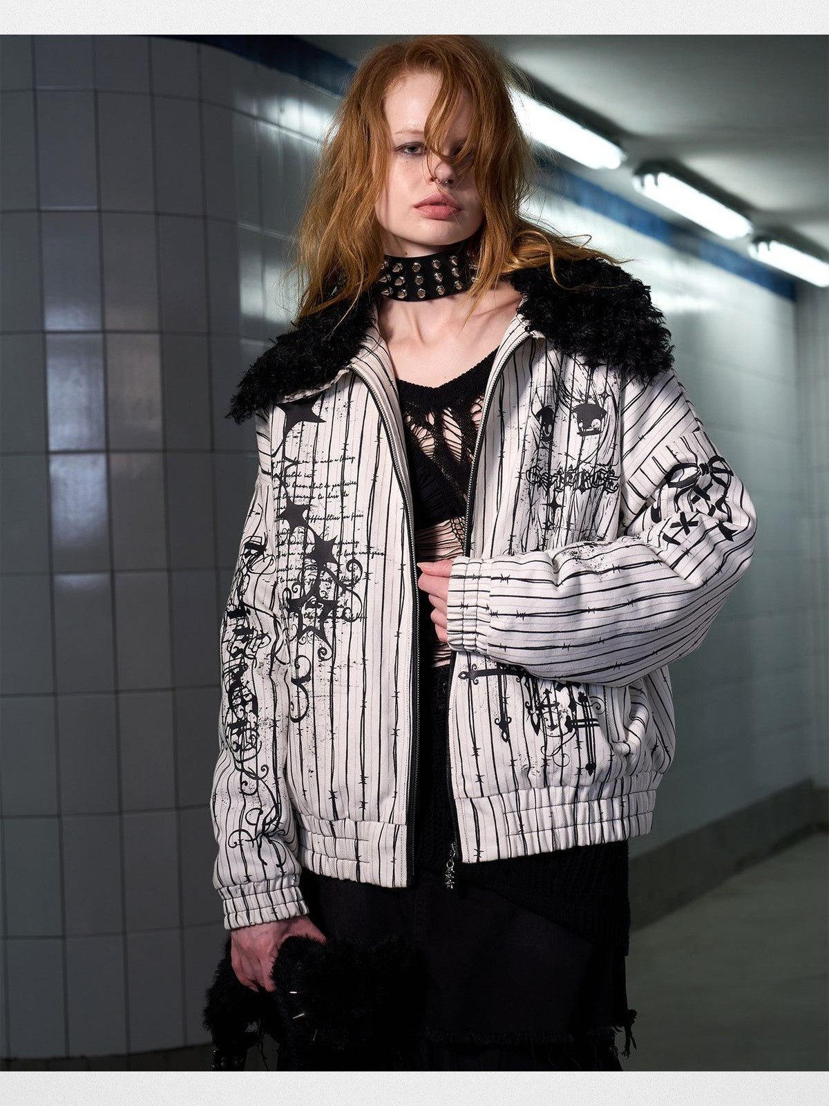CFIERCE Thorn Stripe Fur Collar Jacket in White - On Female Model