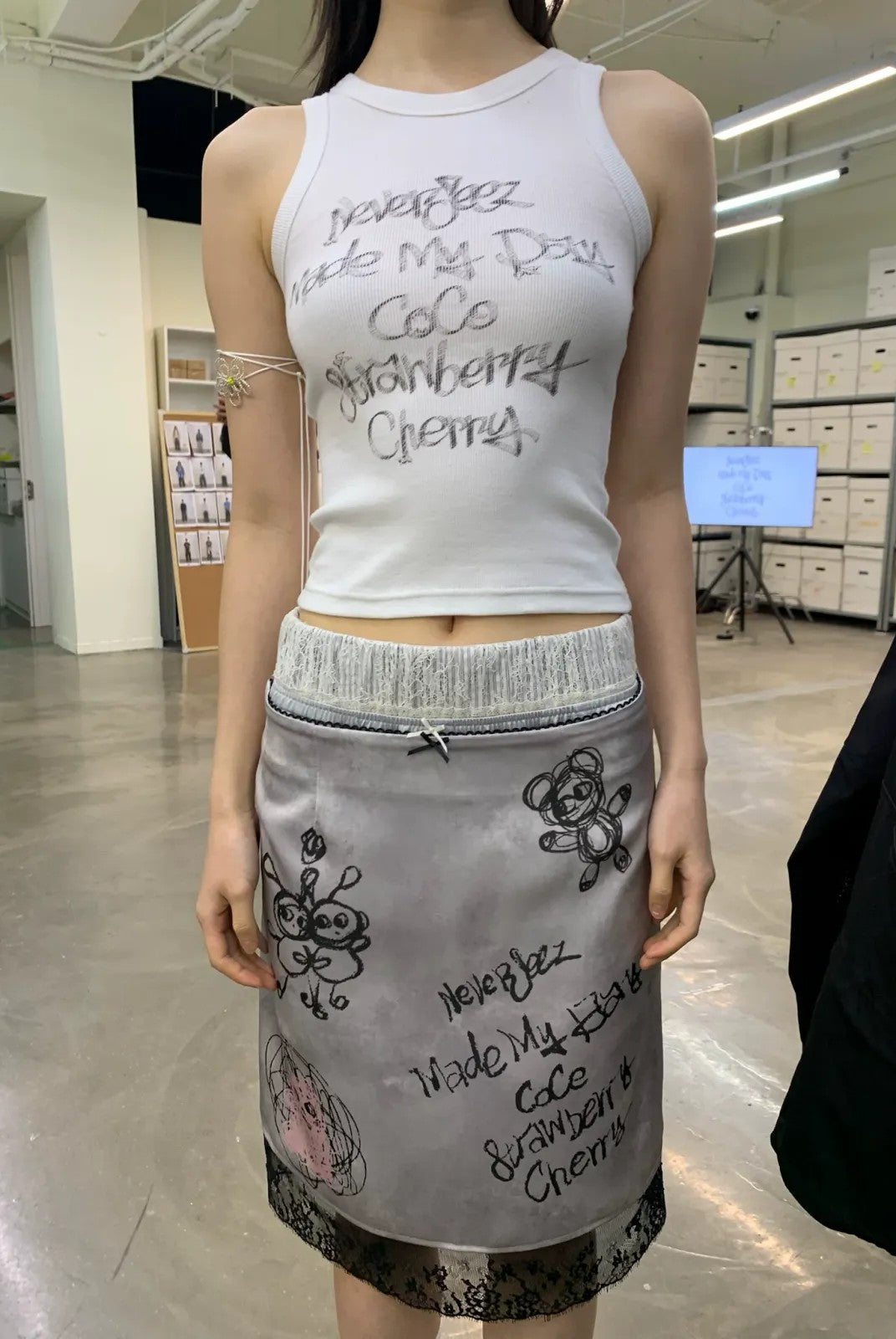 NeverSeez Graffiti Print Lace Trim Skirt in Gray - On Model