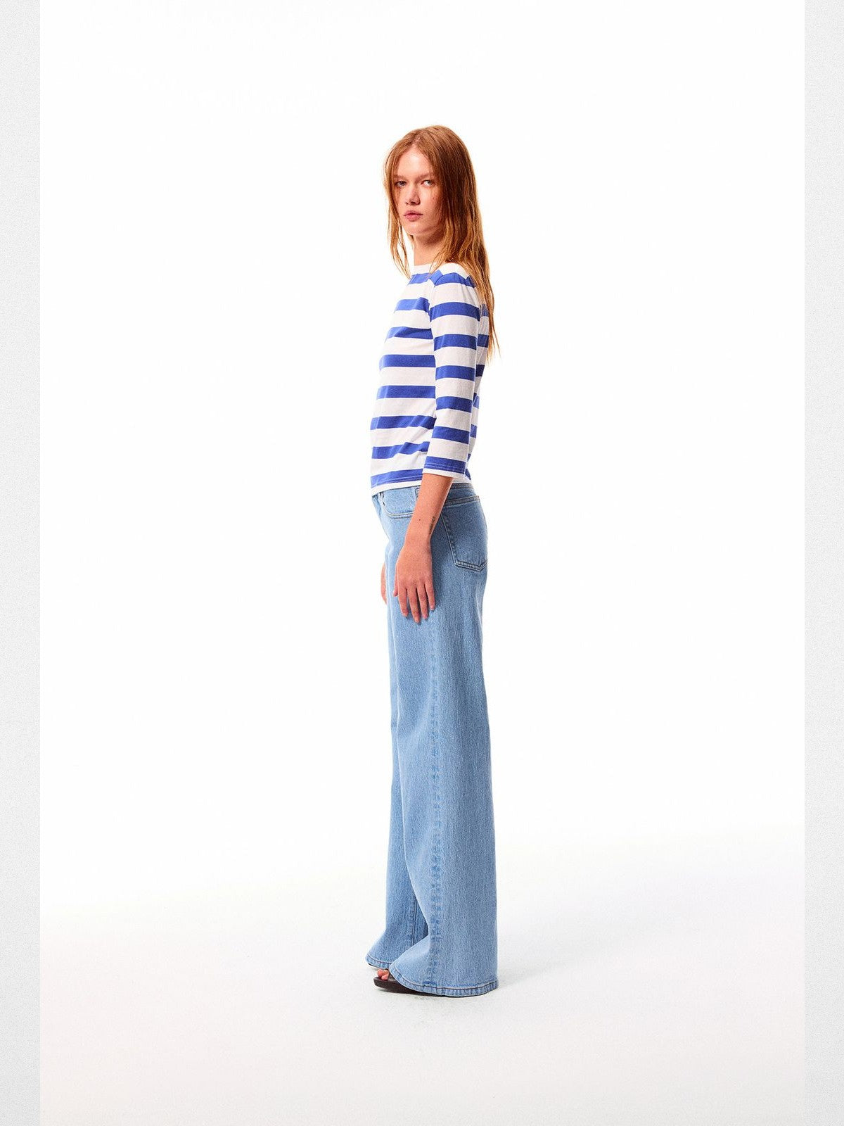 Alright Then Textured Wide Leg Jeans in Blue - On Model