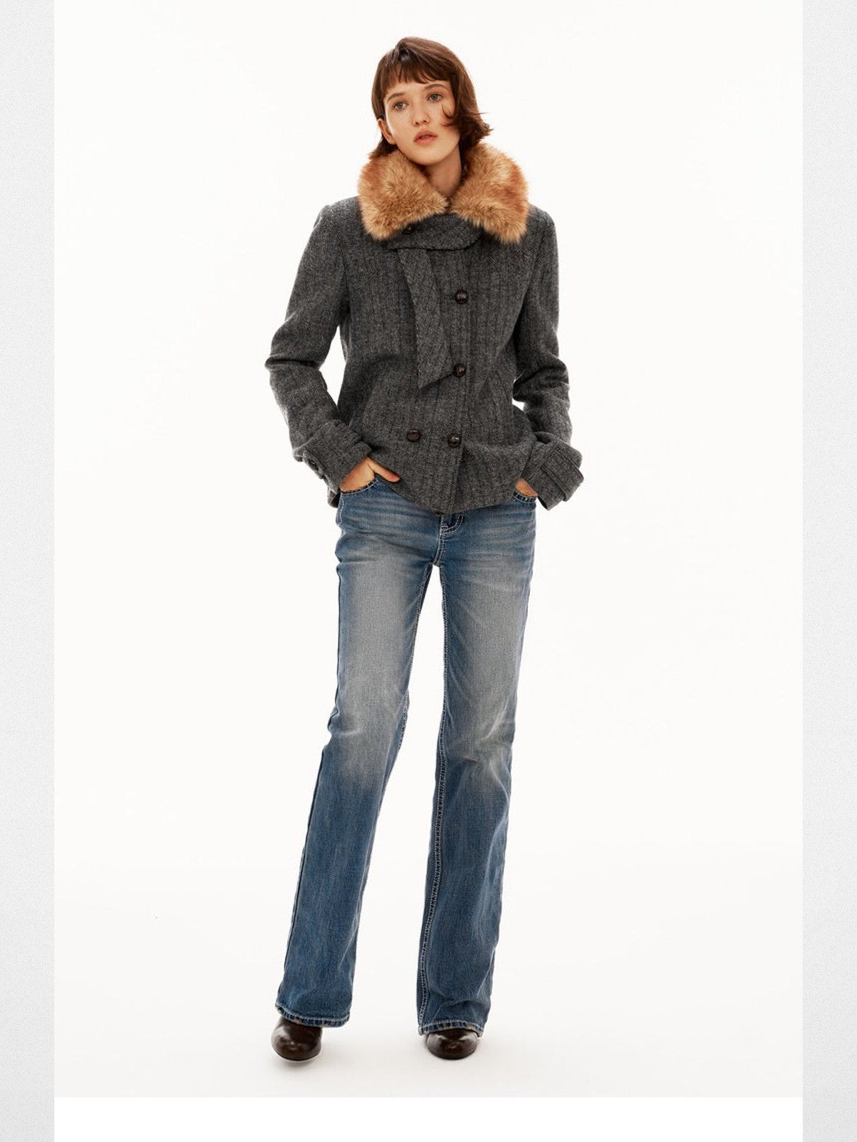 PUKI Herringbone Wool Blend Coat in Gray - On Model