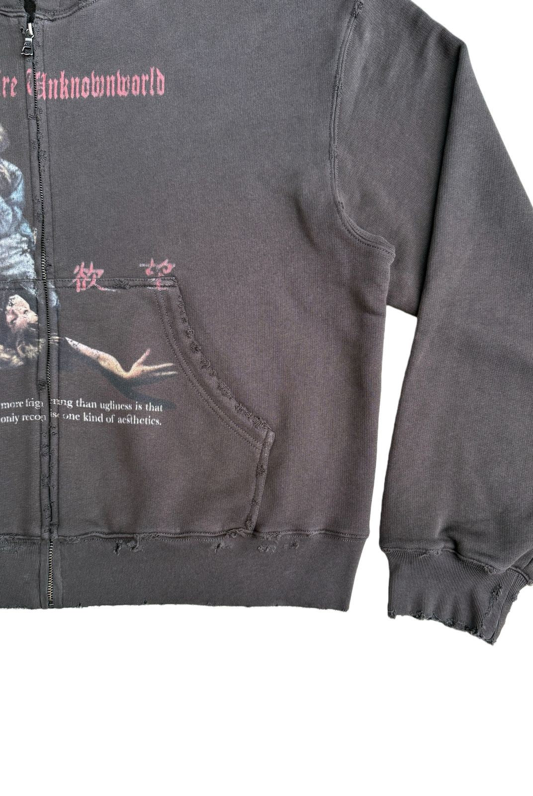 UNKNOWNWORLD Distressed Graphic Zip Up Hoodie in Gray - Detail