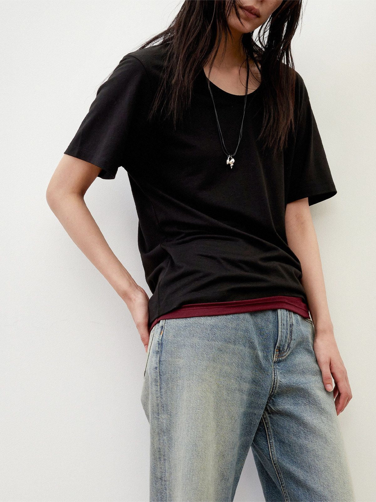 RandomPiece Linen Blend U Neck T Shirt in Black - On Model