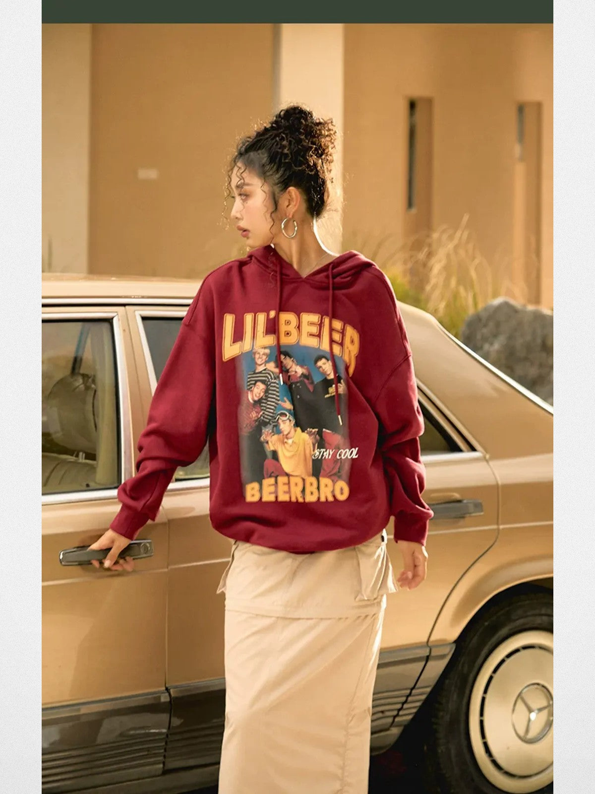 BeerBro Retro Graphic Print Hoodie in Burgundy - Lifestyle