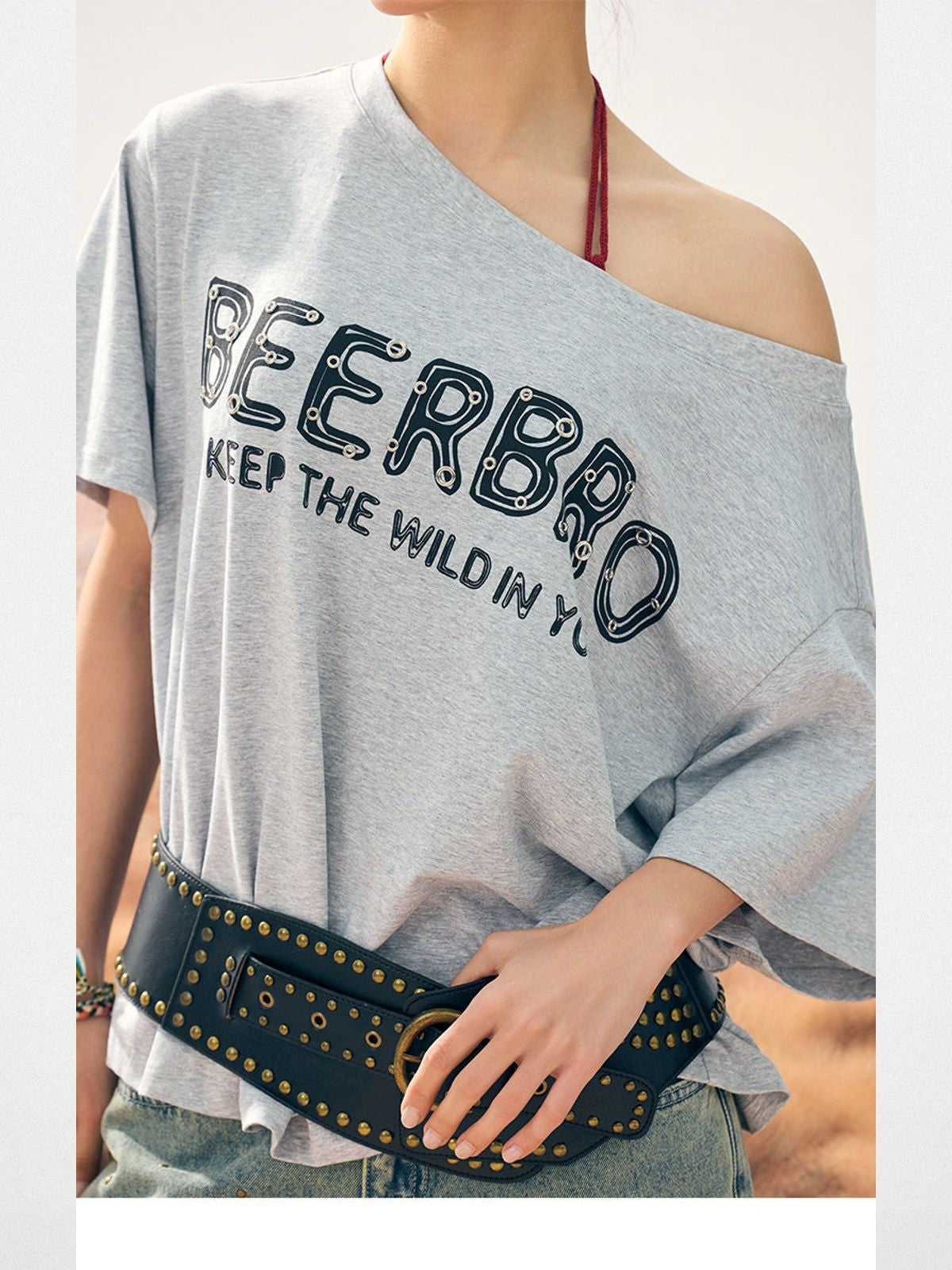 BeerBro Oversized Off Shoulder Graphic Tee in Heather Gray - On Model