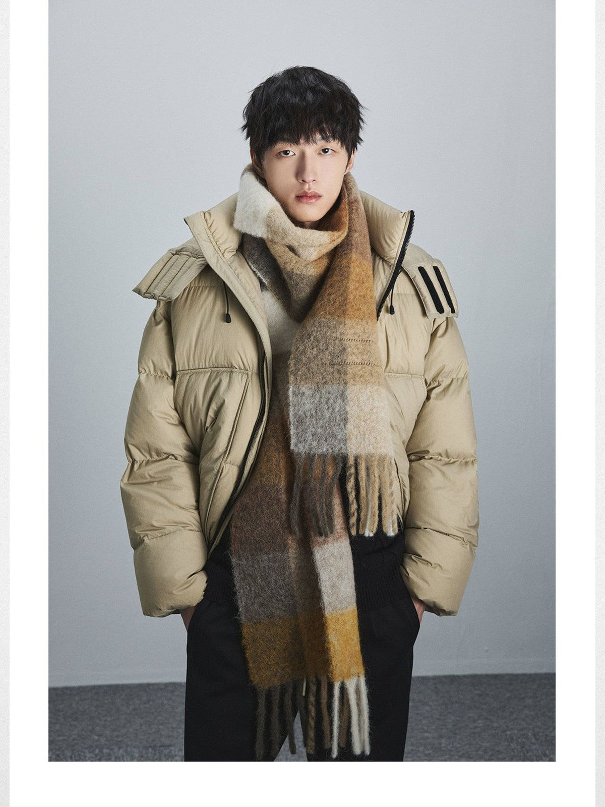 NANS Detachable Hood Crinkled Down Puffer in Beige - On Model