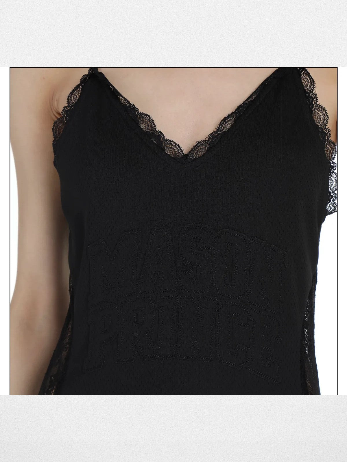 MASONPRINCE Tiered Lace Trim Slip Dress in Black - On Model #color_black