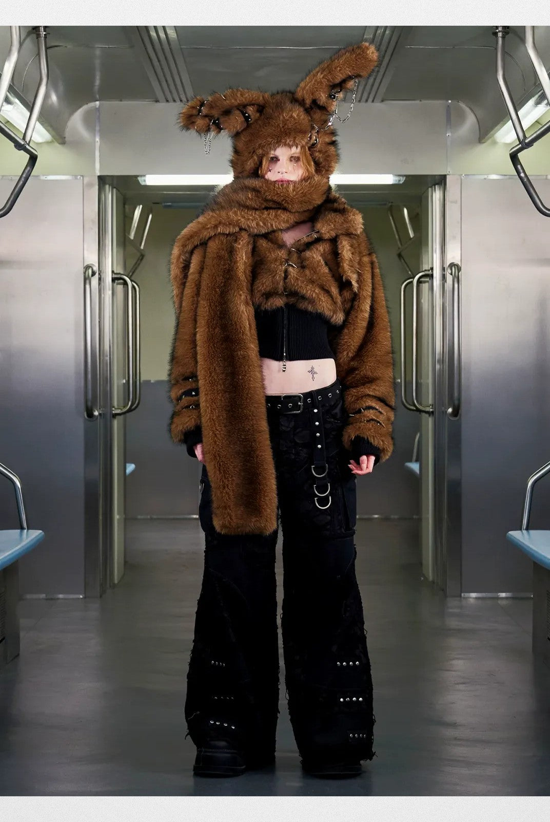 CFIERCE Pierced Faux Fur Bunny Hooded Scarf in Brown - On Model