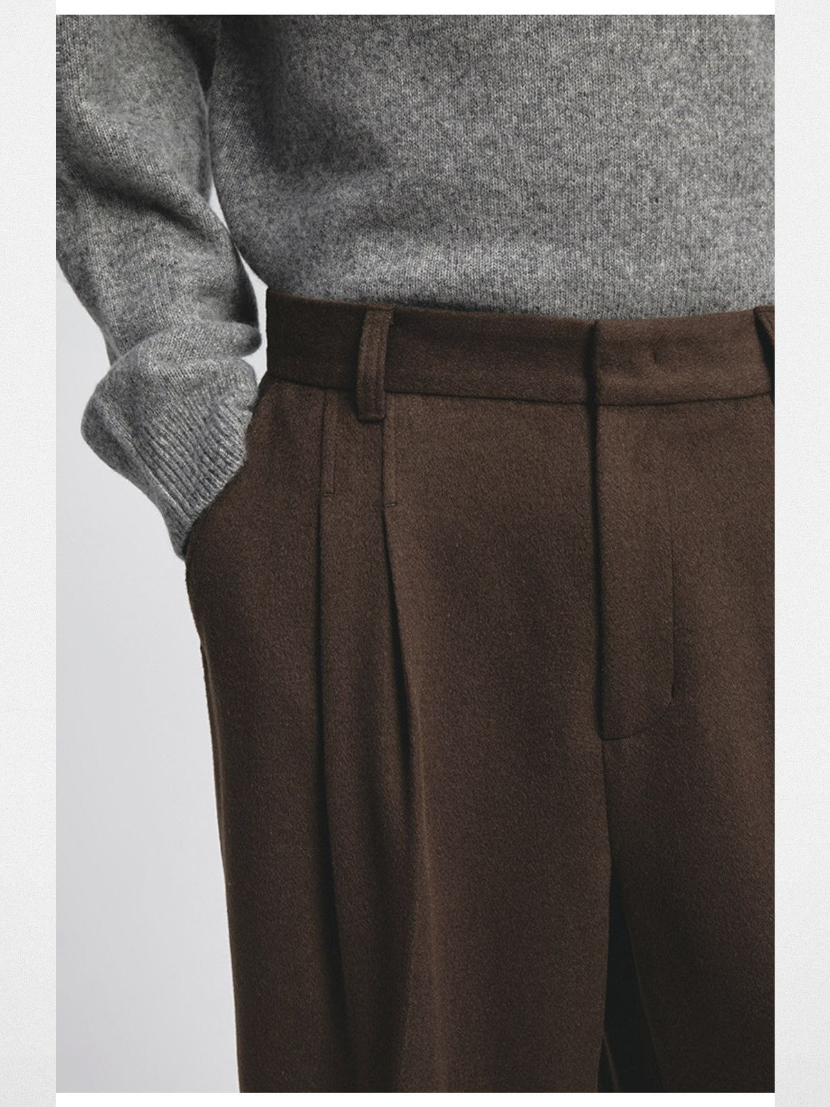 NANS Double Pleated Wool Blend Trousers in Brown - On Model