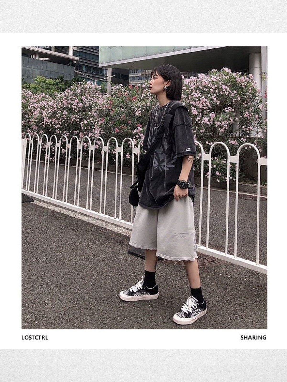 LOSTCTRL Raw Edge Embroidered Cotton Shorts in Gray - Lifestyle