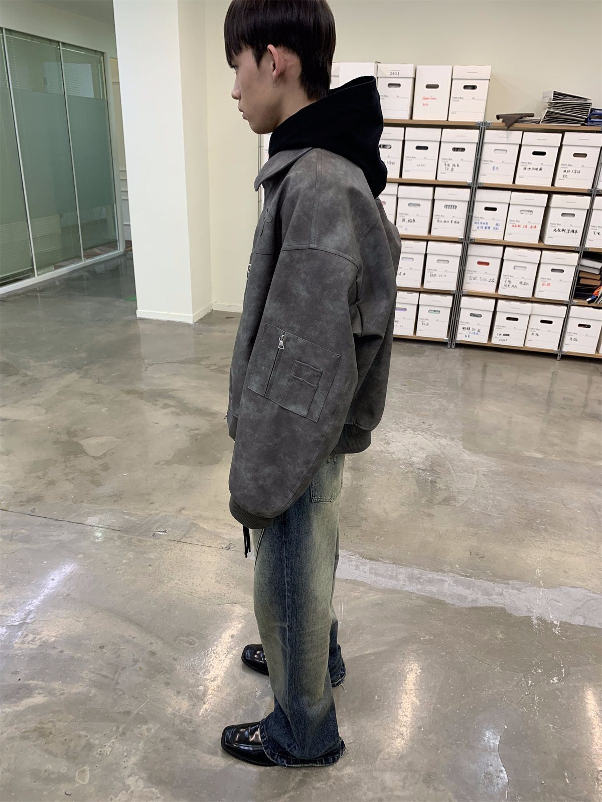 NeverSeez Distressed Washed Micro Flare Jeans in Blue - On Model