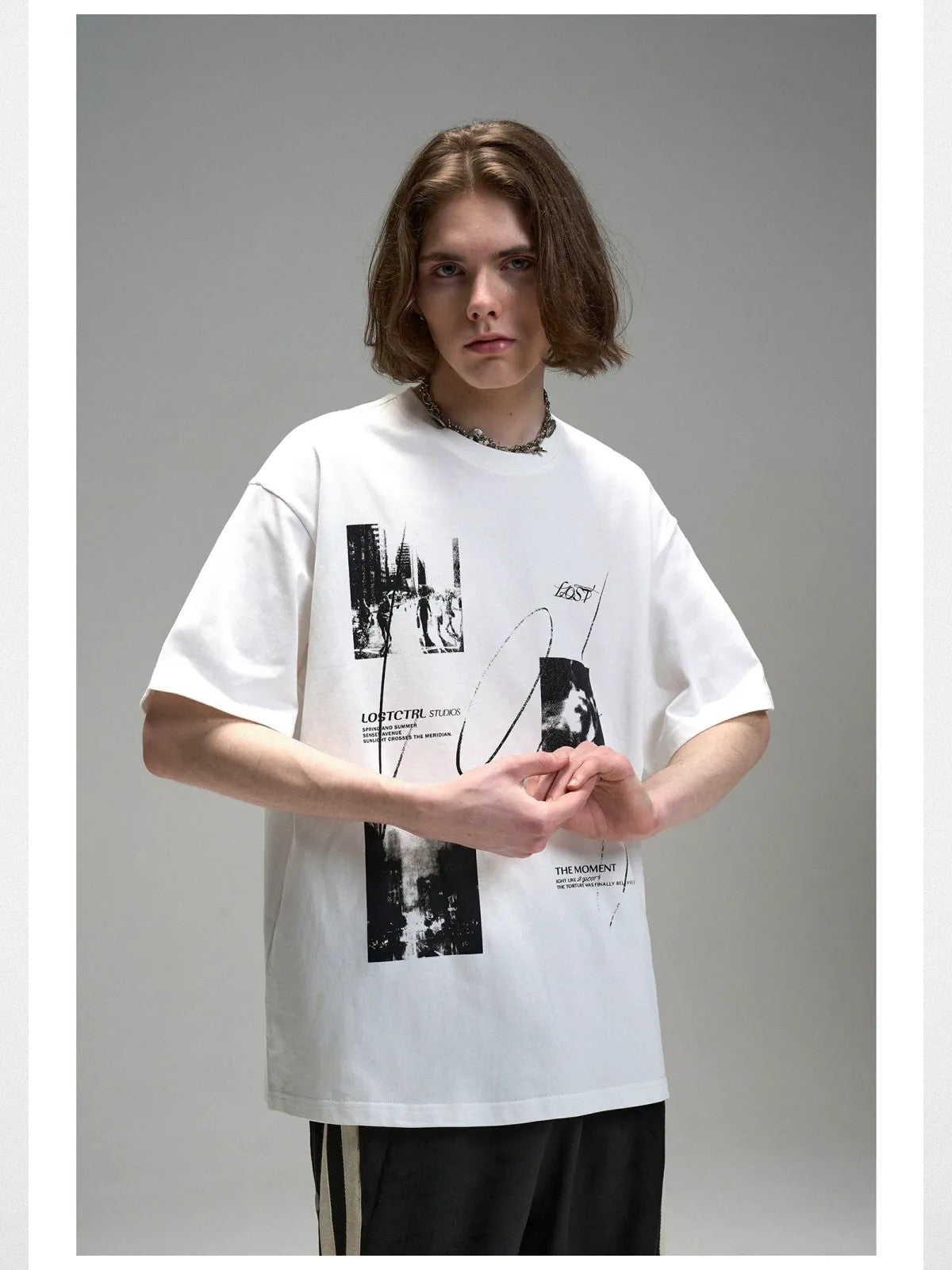LOSTCTRL Heavyweight Washed Cotton Graphic Tee in White - On Model