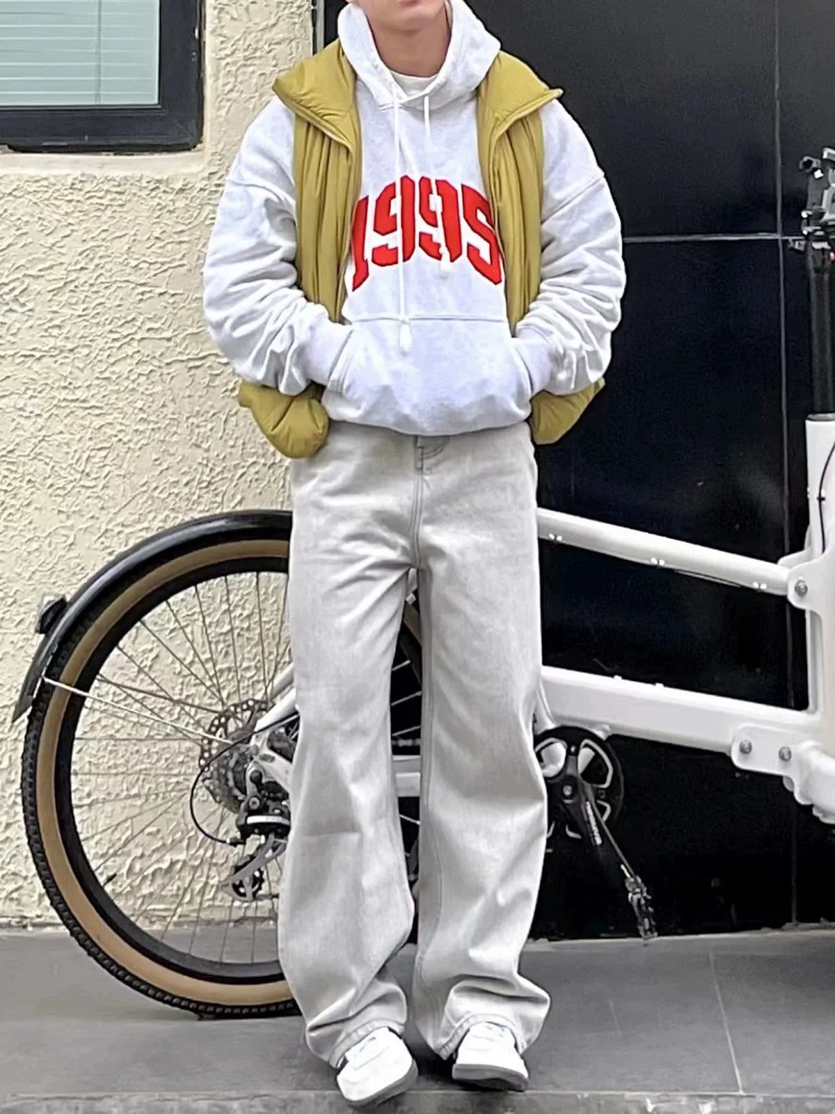 VLABMADE Washed Floor Length Wide Leg Jeans in Gray - On Model