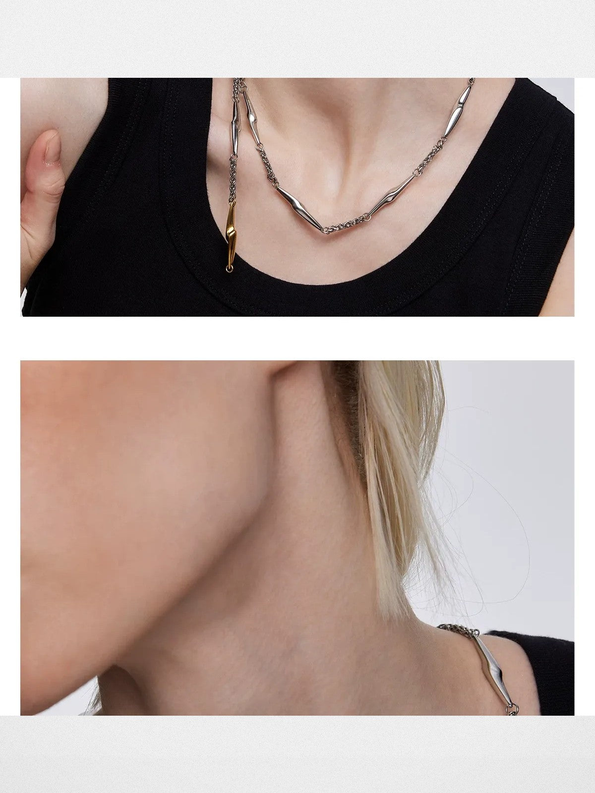 BLACKHEAD Two Tone Lightning Bolt Necklace in Gray - On Female Model
